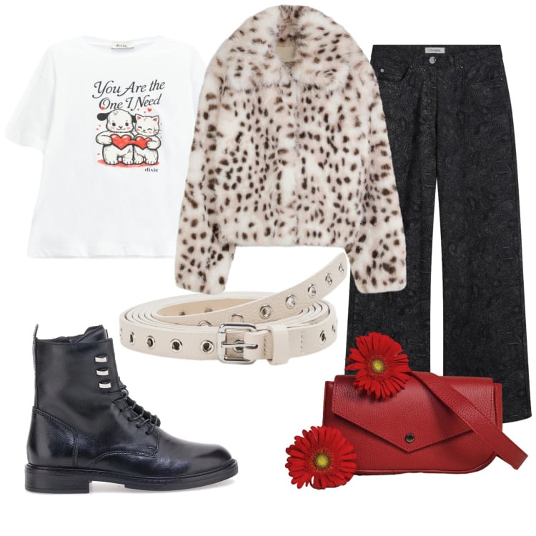 Outfit donna - Total look #2366828. Stile Casual per Tutti i giorni. Abbinamento con ecopellicce, pantaloni, cinture, t-shirt, borse a tracolla, anfibi.