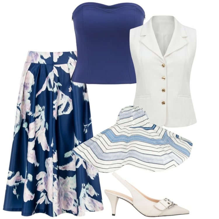 Outfit donna - Total look #2366831. Stile Glamour per Cerimonia. Abbinamento con décolleté, cappelli, gonne longuette, top, gilet.