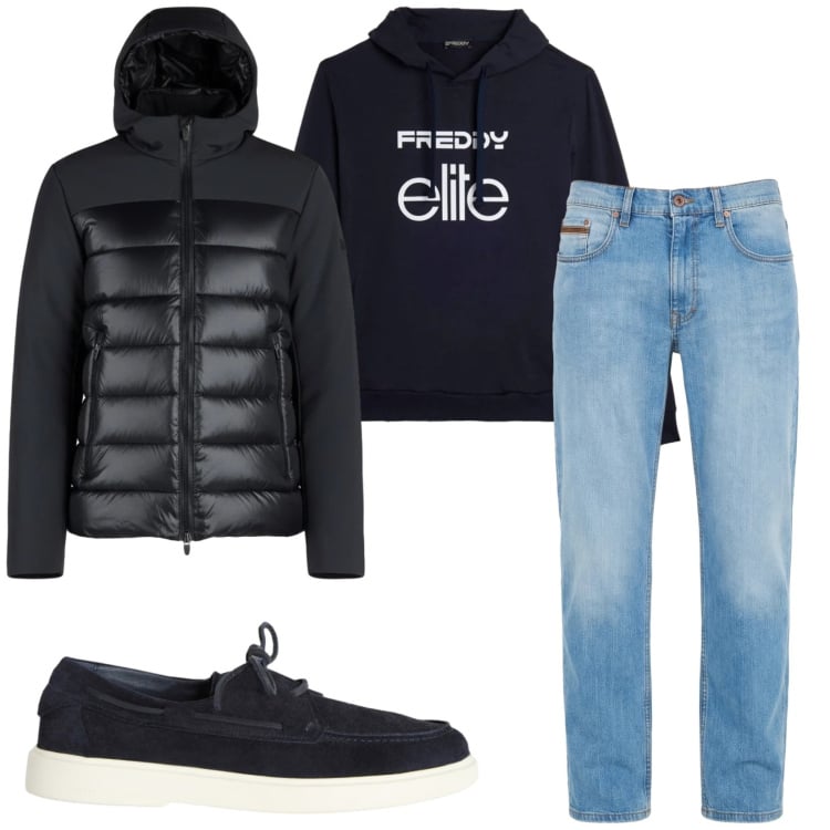 Outfit uomo - Total look #2366832. Stile Urban per Tutti i giorni. Abbinamento con jeans, scarpe stringate, felpe con cappuccio, giacche.
