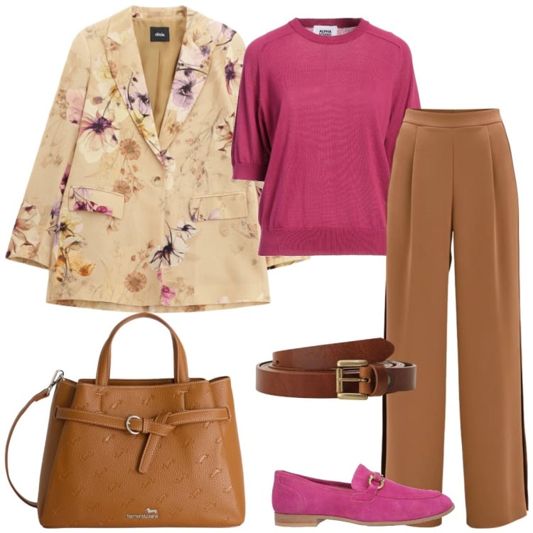 Outfit donna - Passeggiata. Stile Casual chic per Tutti i giorni. Abbinamento con pullovers, mocassini, borse a mano, pantaloni a palazzo, blazer, cinture.