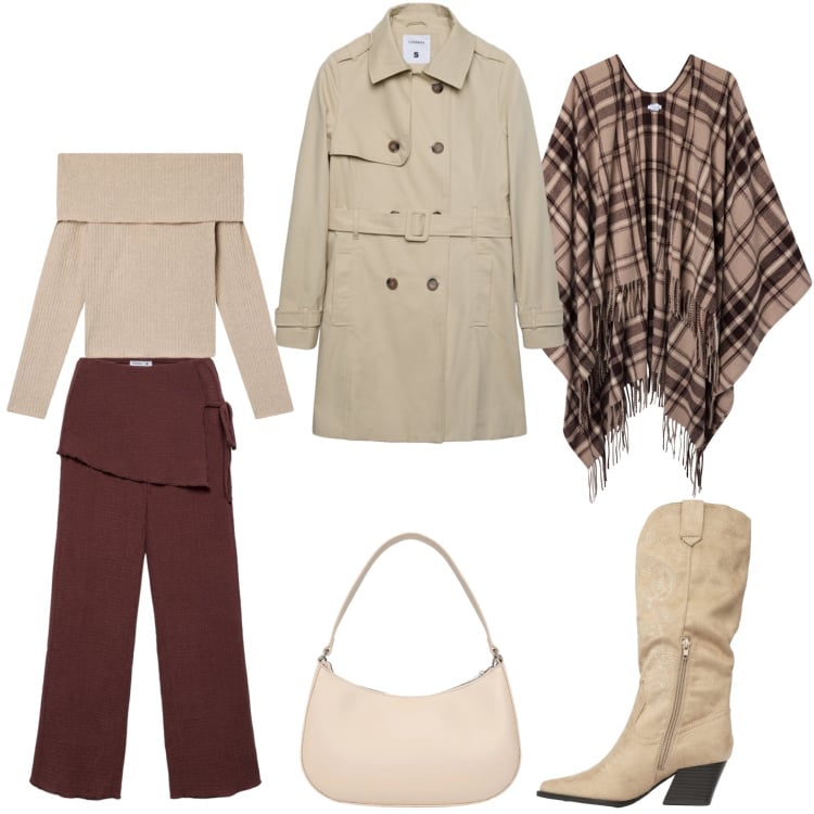 Outfit donna - Per una Giornata uggiosa. Stile Trendy per Tutti i giorni. Abbinamento con maglieria, trench, pantaloni, cappotti, stivali, borse a tracolla.