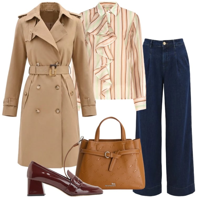 Outfit donna - Total look #2366845. Stile 70s per Ufficio. Abbinamento con mocassini, borse a mano, trench, camicie, jeans dritti.