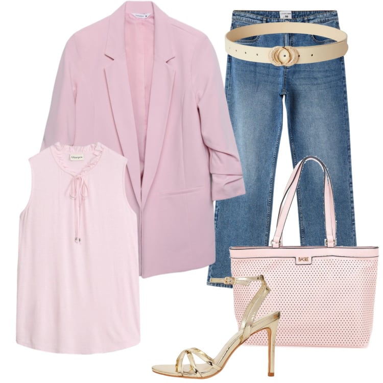 Outfit donna - Total look #2366848-2. Stile Sporty chic per Cerimonia. Abbinamento con top, cinture, blazer, jeans dritti, sandali col tacco, borse a spalla.