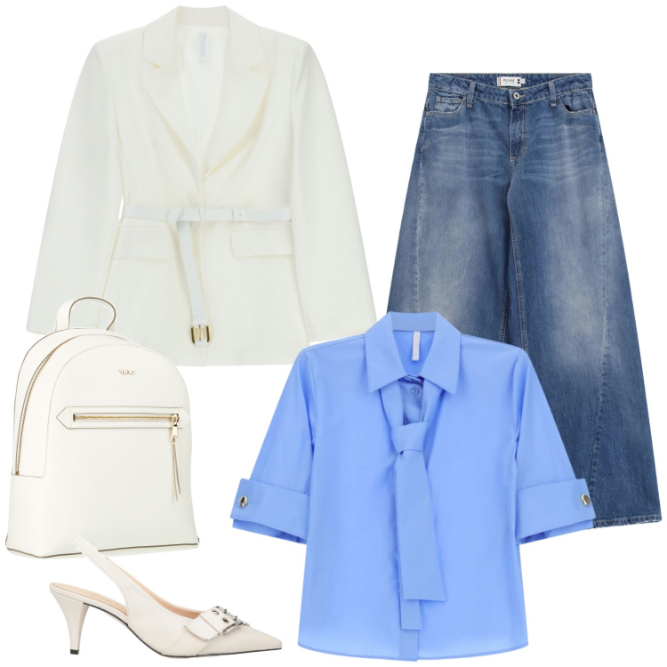 Outfit donna - Azure Business & Denim Flare. Stile Casual chic per Tutti i giorni. Abbinamento con décolleté, zaini, jeans, camicie a manica corta, blazer.