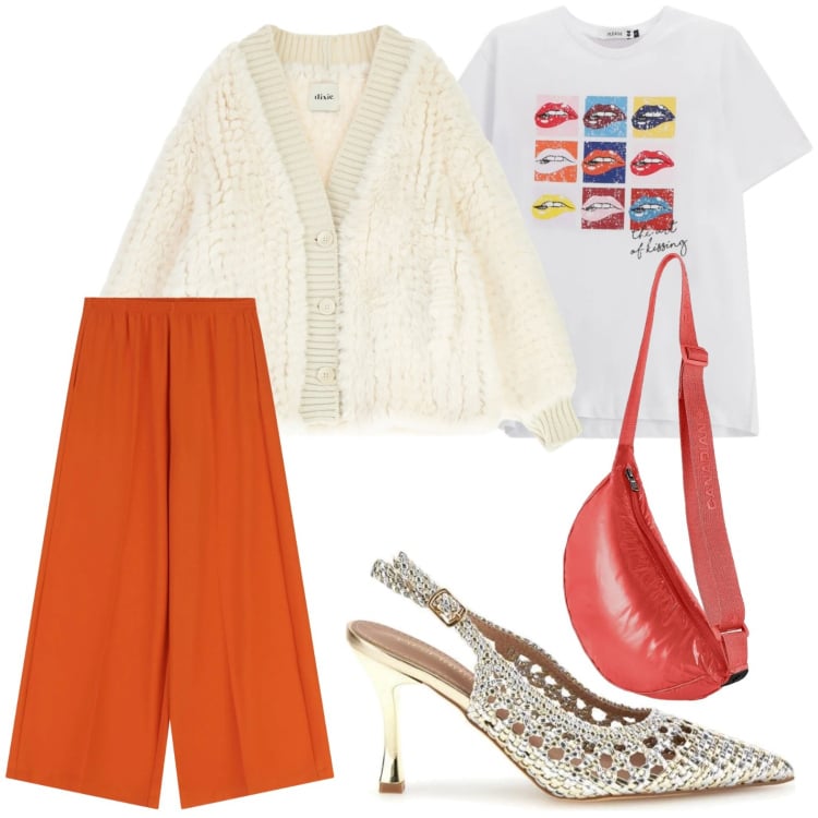 Outfit donna - Marsupio urban. Stile Urban per Tutti i giorni. Abbinamento con t-shirt, pantaloni a palazzo, borse a tracolla, blazer, décolleté.