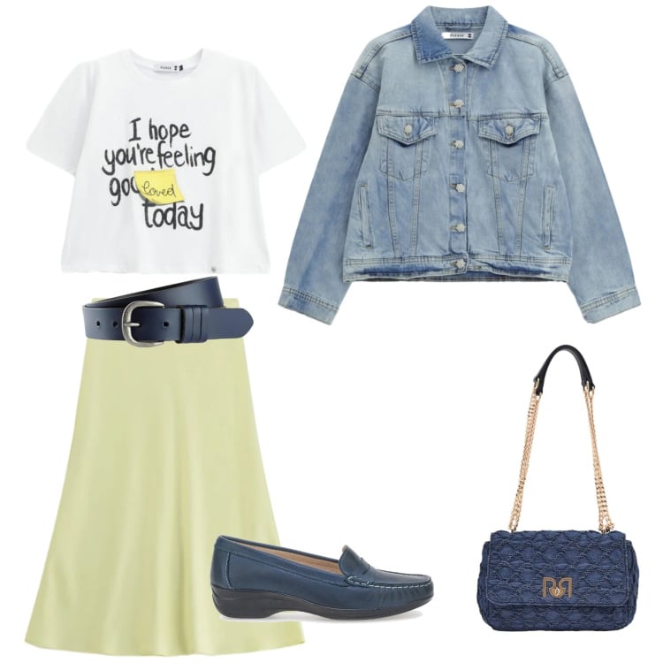 Outfit donna - Week end a Praga. Stile Casual chic per Tutti i giorni. Abbinamento con cinture, blazer, t-shirt, borse a spalla, gonne longuette, mocassini.