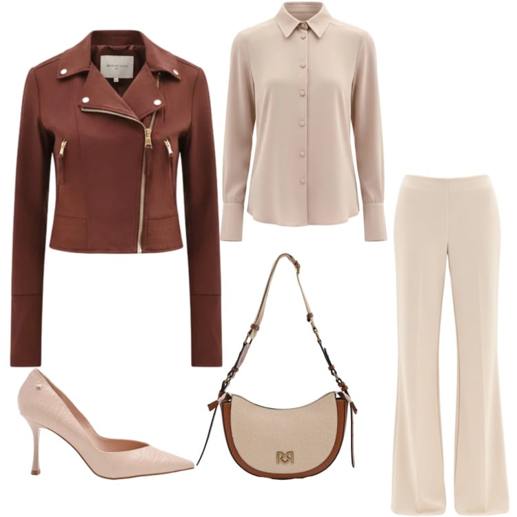 Outfit donna - Colori neutri in primavera. Stile Casual chic per Serata fuori. Abbinamento con pantaloni a palazzo, giacche, borse a tracolla, décolleté, camicie.