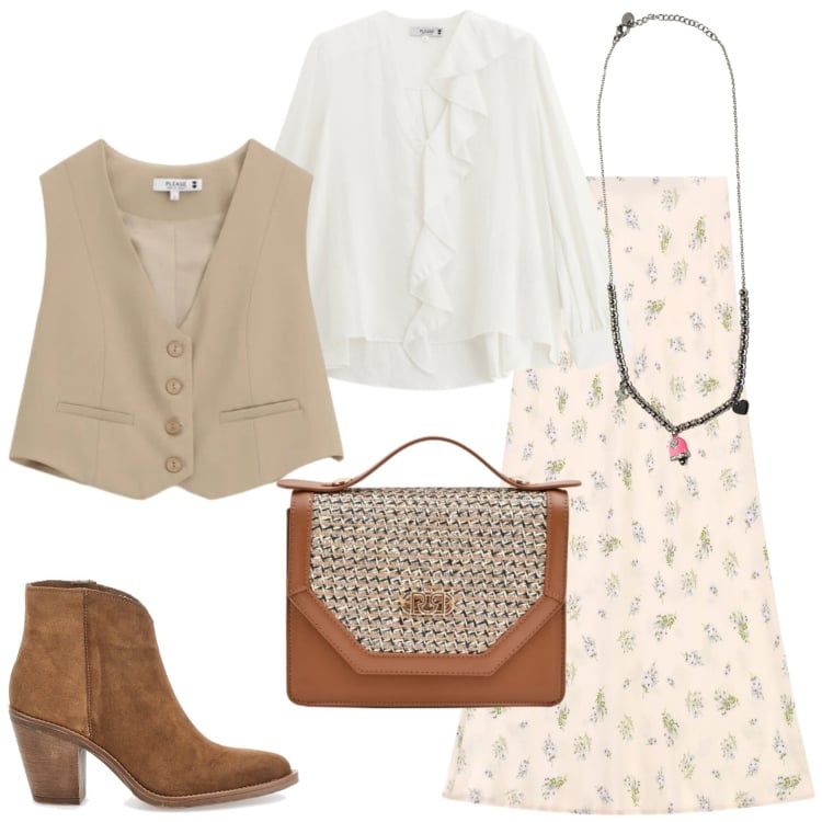 Outfit donna - Stile country di primavera. Stile Vintage retrò per Tutti i giorni. Abbinamento con bluse, gilet, pochette, gonne lunghe, ciondoli, stivaletti.