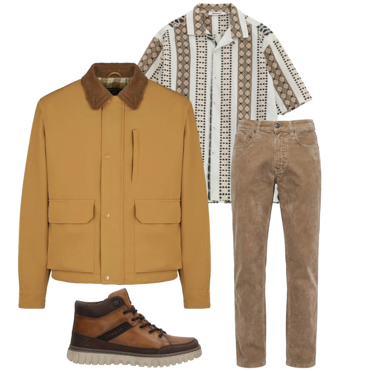 Outfit uomo - Total look #2366863. Stile Trendy per Tutti i giorni. Abbinamento con camicie a manica corta, pantaloni, piumini, anfibi.