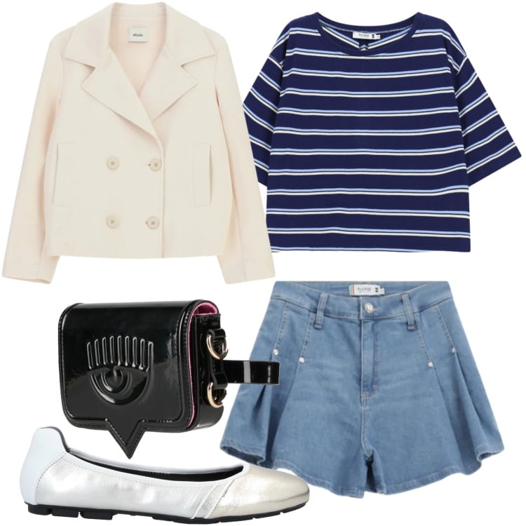 Outfit donna - Ballerine silver. Stile Minimal per Tutti i giorni. Abbinamento con marsupi, ballerine, shorts, top, blazer.