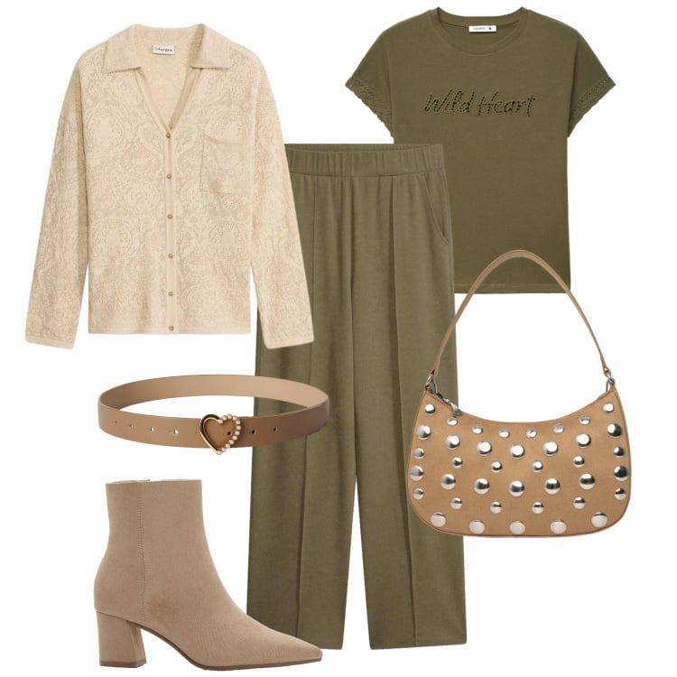 Outfit donna - Il cardigan sabbia lurex. Stile Trendy per Tutti i giorni. Abbinamento con cardigans, pantaloni, stivaletti, t-shirt, borse a tracolla, cinture.