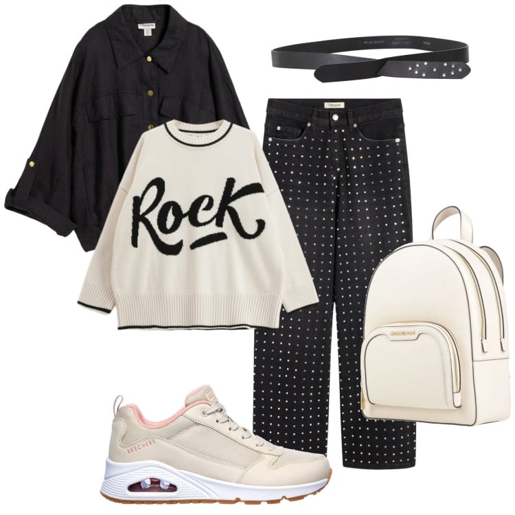 Outfit donna - Rock & shine. Stile Casual chic per Tutti i giorni. Abbinamento con zaini, jeans dritti, bomber, cinture, maglieria, sneakers.
