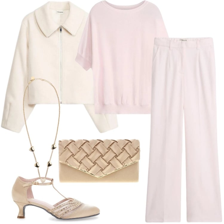 Outfit donna - Colori pastello - Cerimonia informale. Stile Romantica per Cerimonia. Abbinamento con blazer, maglieria, pantaloni, collane, décolleté, pochette.