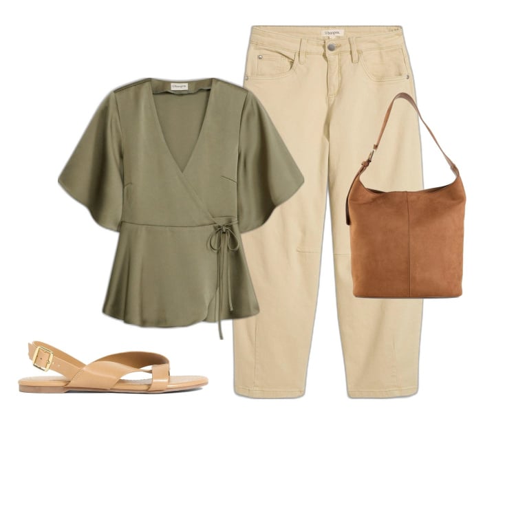 Outfit femme - Barrel beige. Style Tendance pour Tous les jours. Assortir avec sacs seau, pantalon , tuniques, sandales.
