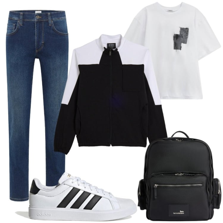 Outfit uomo - Tommy: scuola in black and White. Stile Urban per Tutti i giorni. Abbinamento con jeans dritti, borse sportive, t-shirt, felpe, sneakers.
