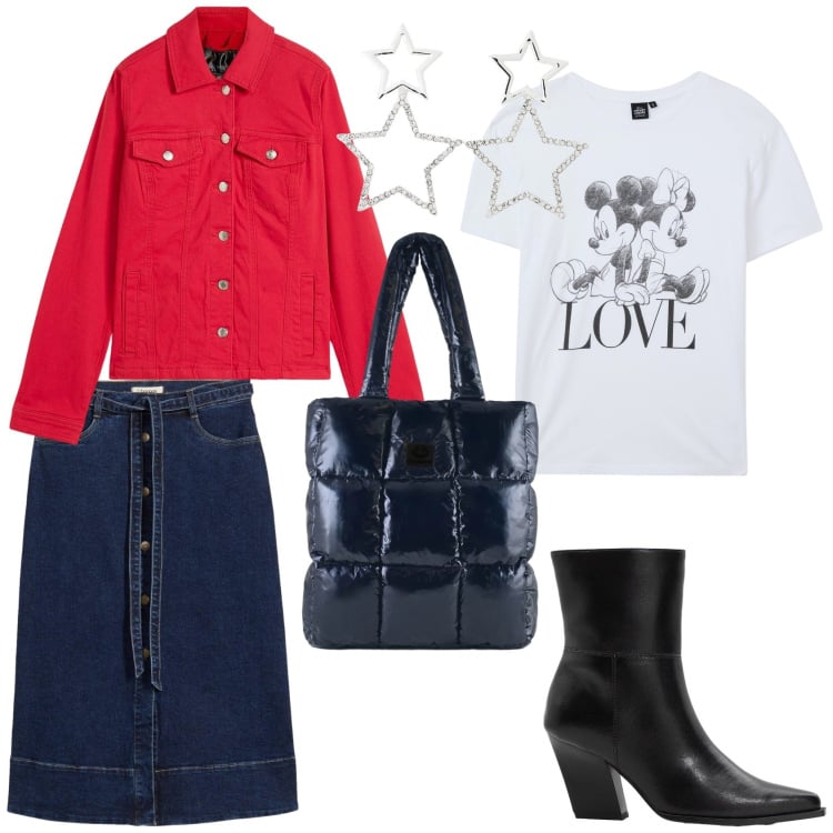 Outfit donna - Casual & funny. Stile Trendy per Tutti i giorni. Abbinamento con blazer, stivaletti, gonne longuette, t-shirt, orecchini, shopping bag.