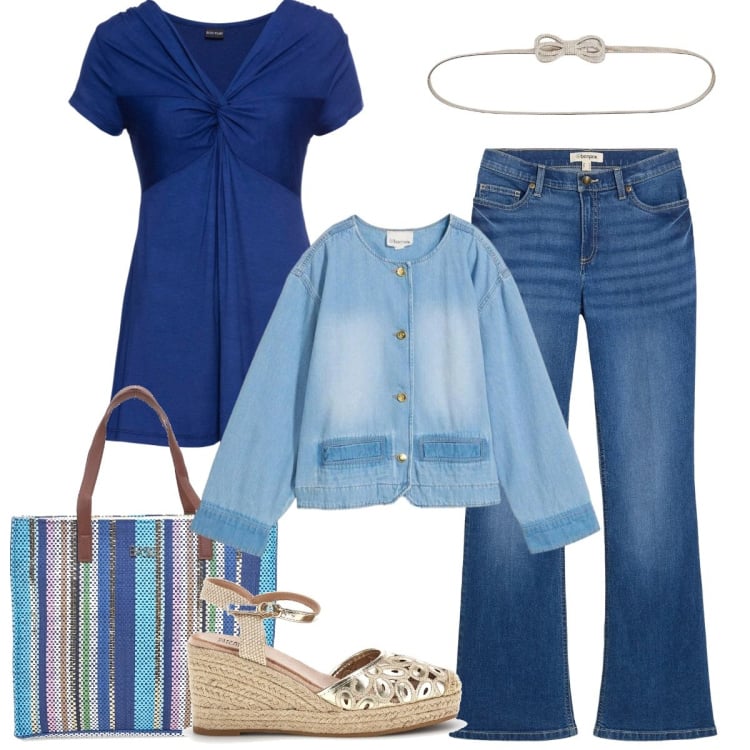 Outfit donna - Total look #2366900. Stile Casual chic per Tutti i giorni. Abbinamento con maglieria, jeans bootcut, blazer, cinture, shopping bag, zeppe.