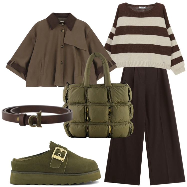 Outfit donna - Qualcosa di insolito nell\'aria. Stile Casual chic per Tutti i giorni. Abbinamento con maglieria, cinture, parka, pantaloni a palazzo, borse a mano, sabot.