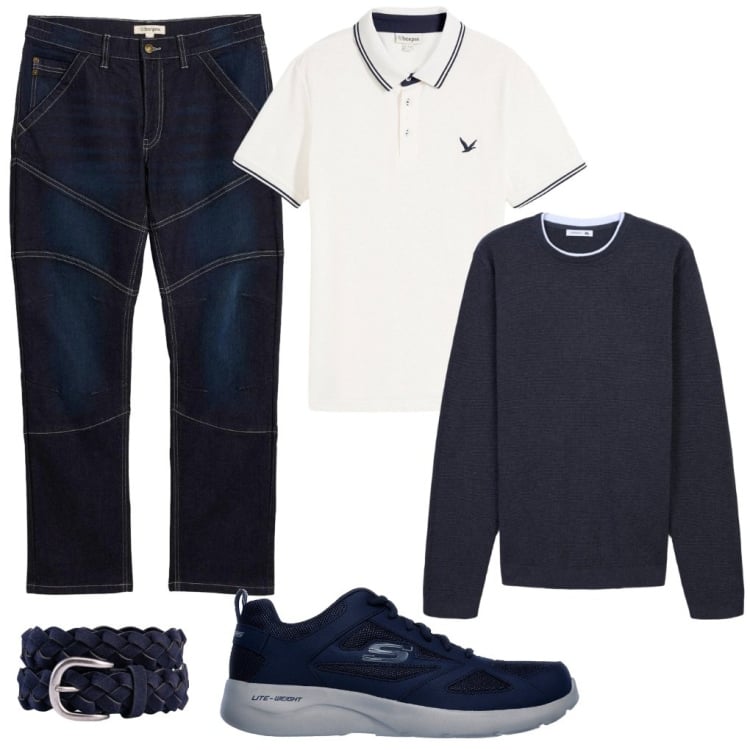 Outfit uomo - Luigi: blu notte. Stile Urban per Tutti i giorni. Abbinamento con polo, jeans dritti, maglieria, cinture, sneakers.