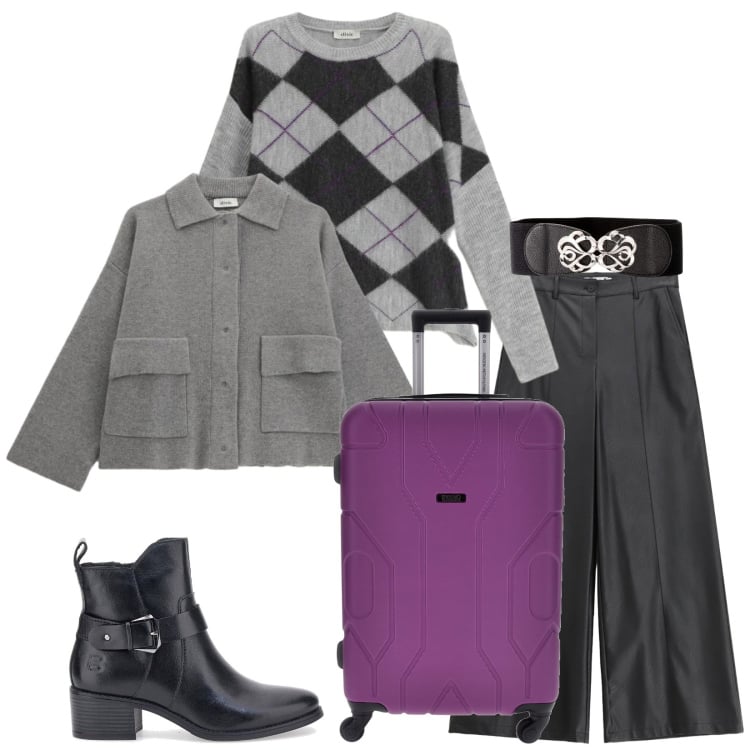 Outfit donna - Total look #2366907. Stile Casual chic per Tutti i giorni. Abbinamento con cinture, pantaloni, cardigans, maglieria, stivali sopra il ginocchio, valigie.