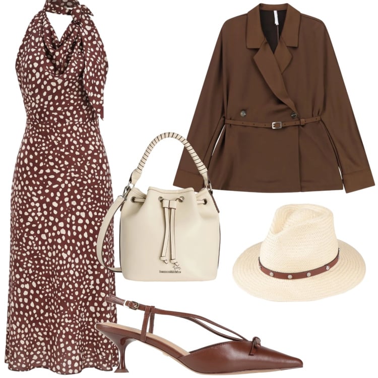 Outfit donna - Primo sole. Stile Bon Ton per Serata fuori. Abbinamento con cappelli, décolleté, borse a secchiello, vestiti midi/longuette, blazer.