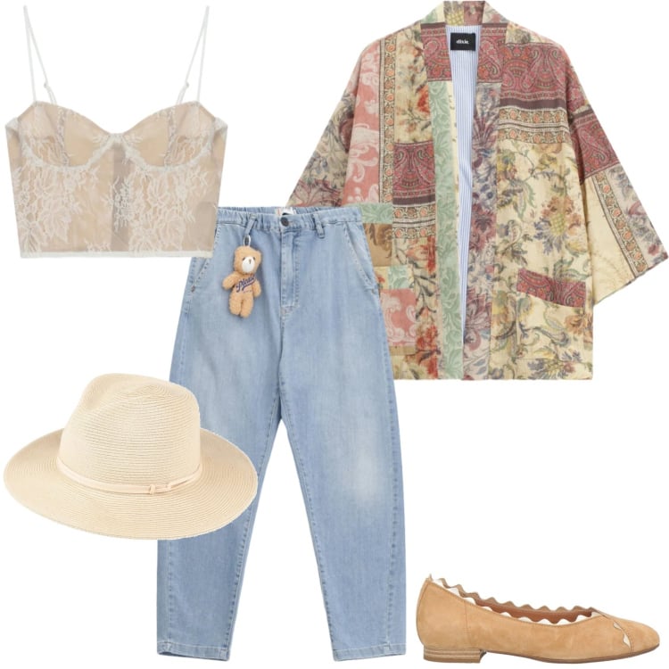 Outfit donna - Atomica. Stile Trendy per Tutti i giorni. Abbinamento con cappelli, ballerine, jeans, canottiere, blazer.