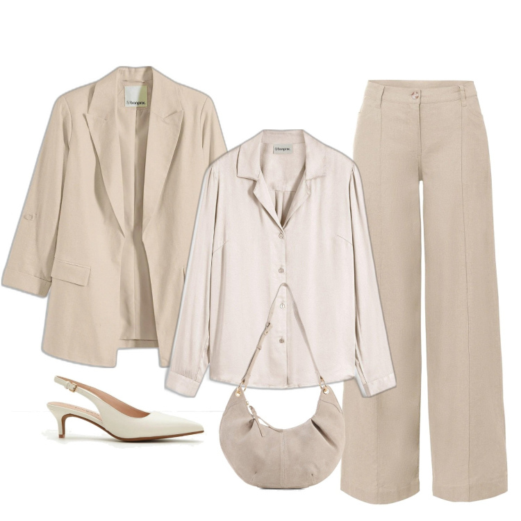 Outfit femme - Beige Chic. Style Chic pour Bureau. Assortir avec chemisiers, pantalon large en bas, sacs en bandoulière, blazers, chaussures à talon.