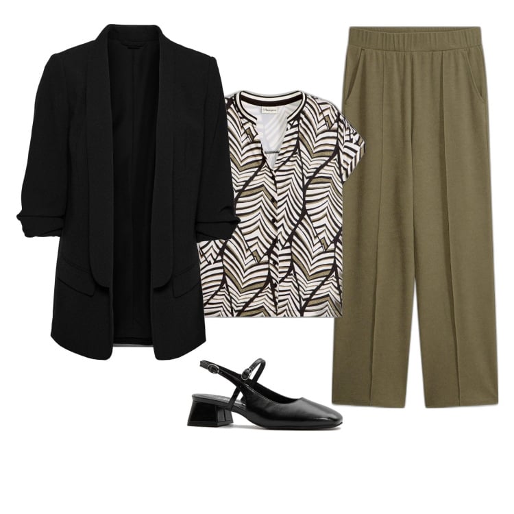 Outfit femme - Blouse imprimée. Style Casual chic pour Bureau. Assortir avec tuniques, pantalon , blazers, chaussures à talon.