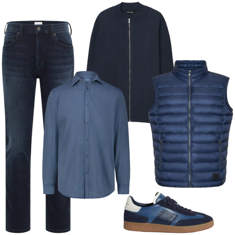 Outfit uomo - Total look #2366918. Stile Casual per Ufficio. Abbinamento con jeans slim fit, sneakers, piumini, cardigans, camicie.