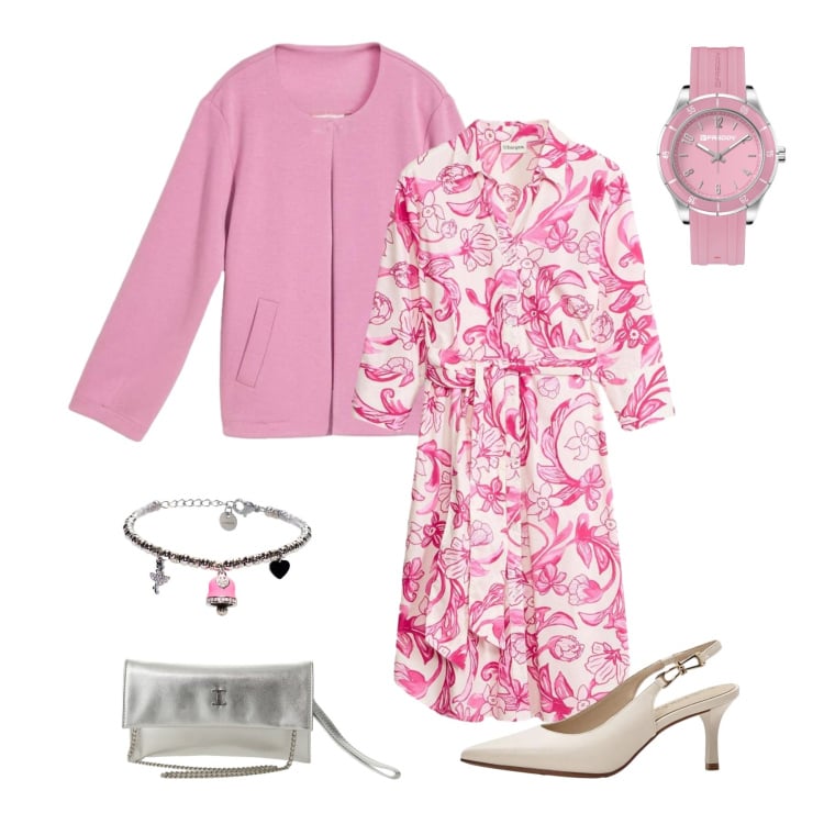 Outfit donna - Rosa deciso. Stile Casual chic per Ufficio. Abbinamento con vestiti chemisier, blazer, décolleté, borse a tracolla, orologi, braccialetti.