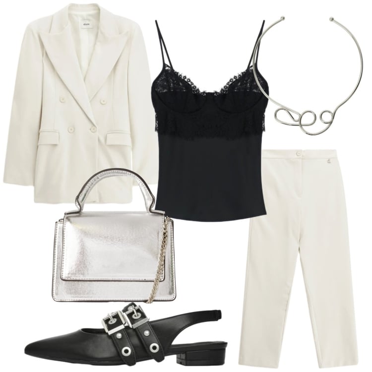Outfit donna - Bianco e nero chic. Stile Chic per Serata fuori. Abbinamento con borse a tracolla, ballerine, canottiere, blazer, collane, pantaloni.