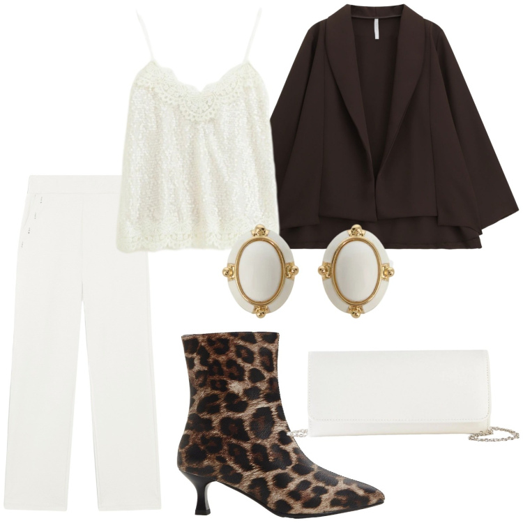 Outfit donna - Pochette white ice. Stile Chic per Serata fuori. Abbinamento con stivaletti, pochette, blazer, orecchini, top, pantaloni.