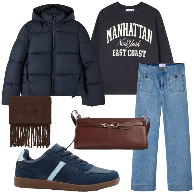 Outfit donna - Ultimi freddi. Stile Minimal per Tutti i giorni. Abbinamento con sneakers, borse a tracolla, felpe, jeans, bomber, sciarpe.