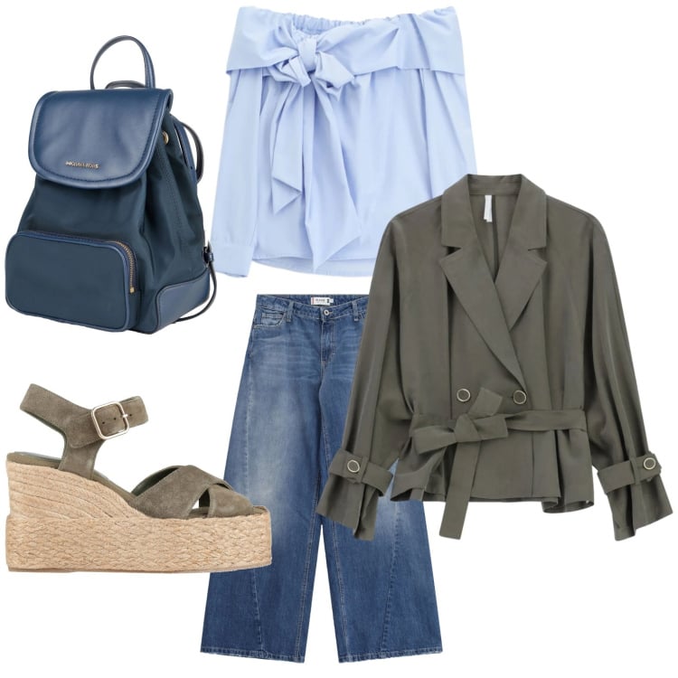 Outfit donna - Trench passpartout. Stile Casual per Tutti i giorni. Abbinamento con espadrillas, zaini, blazer, top, jeans.