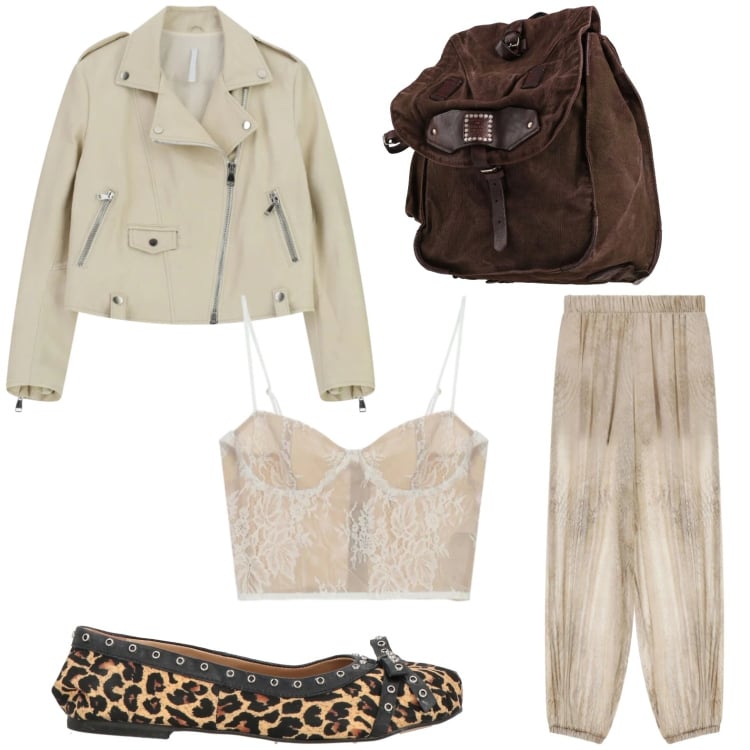 Outfit donna - Urban animalier. Stile Casual per Tutti i giorni. Abbinamento con ballerine, zaini, pantaloni, giacche, canottiere.