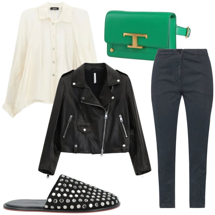 Outfit donna - Chiodo di stagione. Stile Trendy per Tutti i giorni. Abbinamento con pantofole, jeans slim fit, marsupi, giacche, camicie.