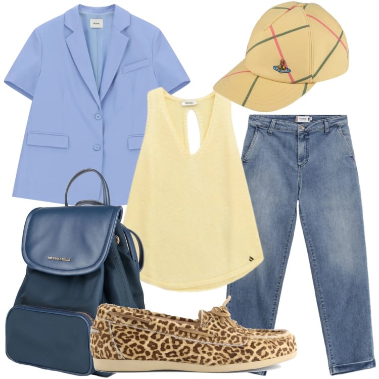 Outfit donna - Moda creativa. Stile Urban per Tutti i giorni. Abbinamento con zaini, cappelli con visiera, jeans, blazer, top, mocassini.