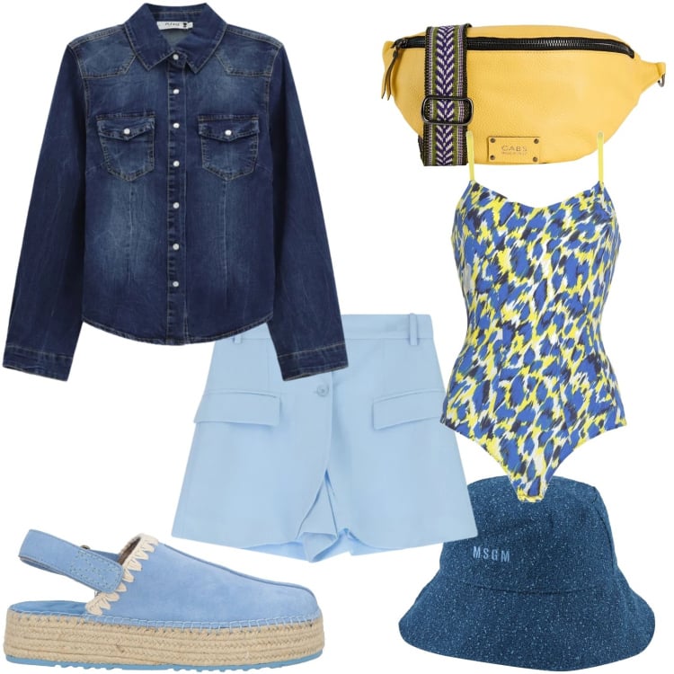 Outfit donna - Camicia in jeans e sabot. Stile Casual per Tutti i giorni. Abbinamento con cappelli, body, marsupi, espadrillas, camicie, shorts.