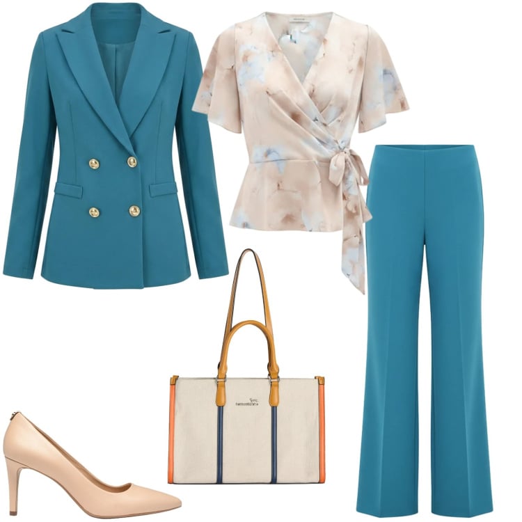 Outfit donna - Cerimonia. Stile Casual chic per Cerimonia. Abbinamento con décolleté, borse tote, bluse, blazer, pantaloni a palazzo.