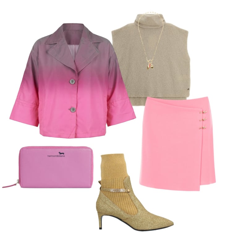Outfit donna - Marzo=rosa. Stile Casual chic per Serata fuori. Abbinamento con stivaletti, portafogli, minigonne, cappotti, maglieria, ciondoli.