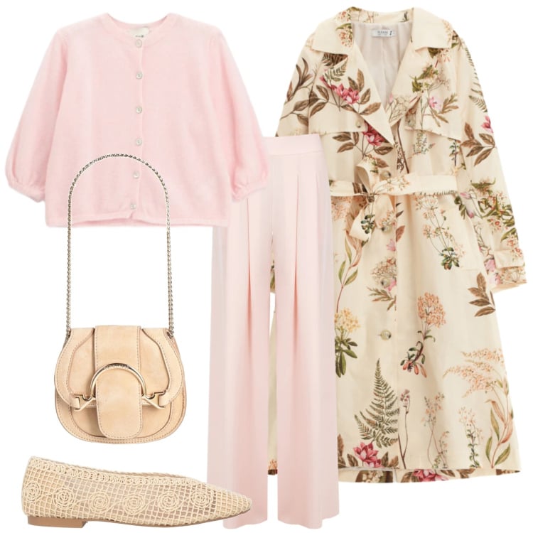 Outfit donna - Marzo=rosa. Stile Casual chic per Tutti i giorni. Abbinamento con marsupi, ballerine, trench, pantaloni a palazzo, cardigans.