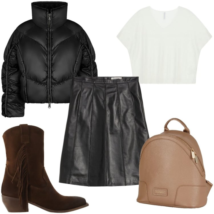 Outfit donna - Total look #2367009. Stile Casual per Tutti i giorni. Abbinamento con zaini, gonne, top, piumini, stivali.