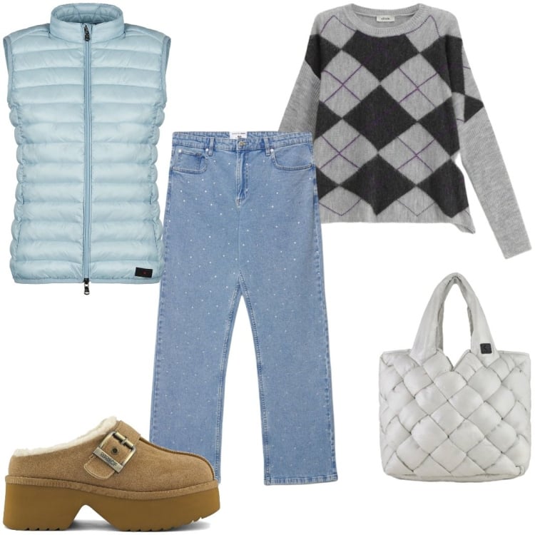 Outfit donna - Total look #2367010. Stile Casual per Tutti i giorni. Abbinamento con jeans dritti, borse tote, piumini, maglieria, sabot.