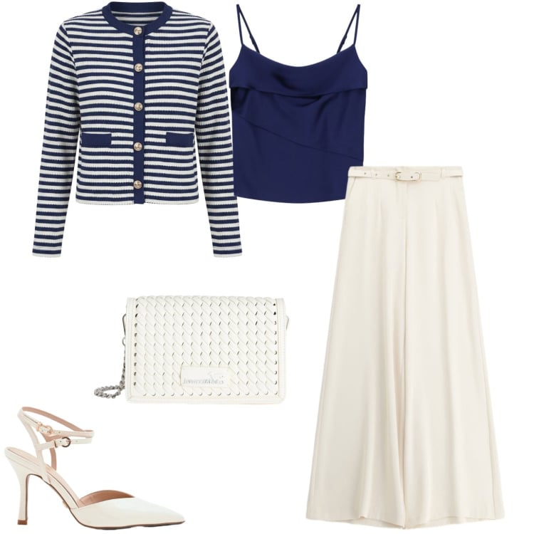 Outfit donna - Cena romantica. Stile Casual chic per Serata fuori. Abbinamento con borse a tracolla, décolleté, cardigans, canottiere, pantaloni a palazzo.