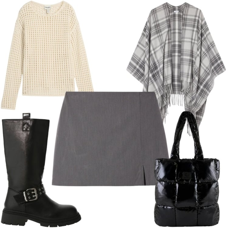 Outfit donna - Total look #2367013. Stile Trendy per Tutti i giorni. Abbinamento con maglieria, cappotti, minigonne, stivali, shopping bag.