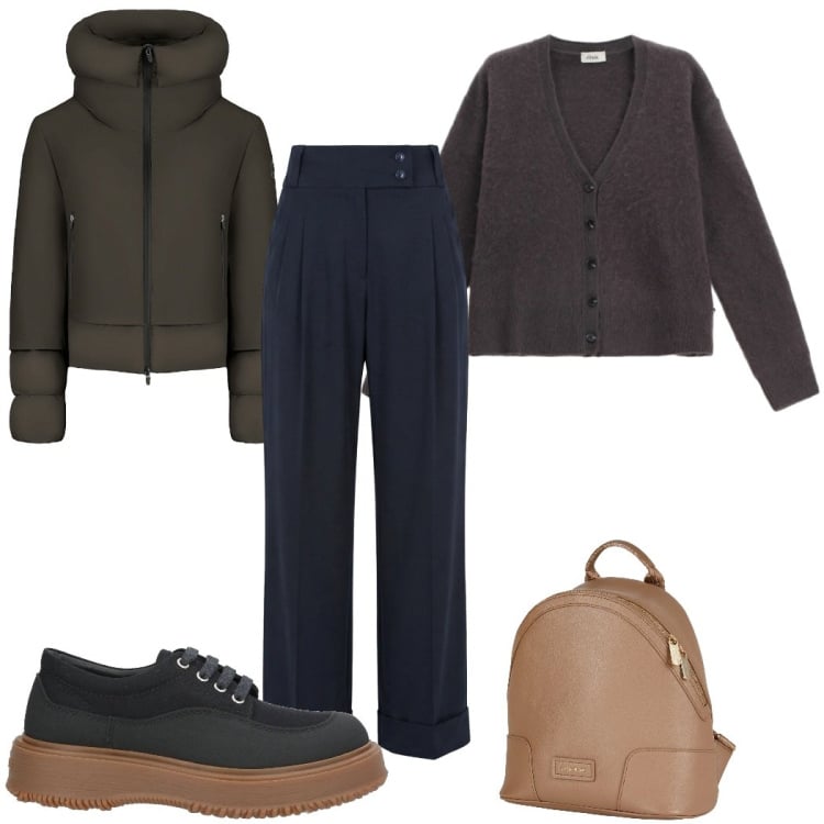 Outfit donna - Total look #2367014. Stile Casual per Ufficio. Abbinamento con zaini, scarpe stringate, pantaloni, piumini, cardigans.