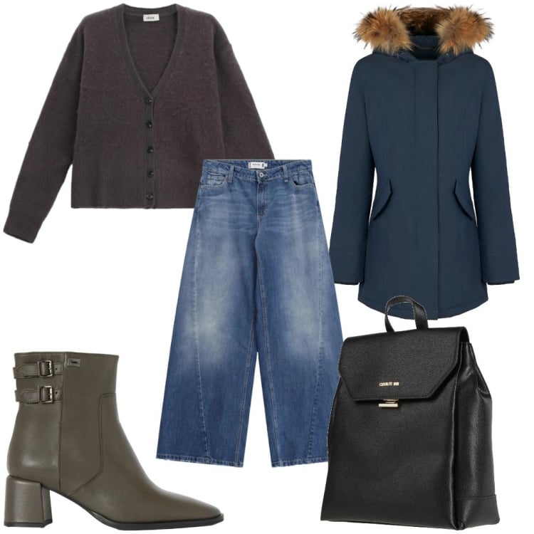 Outfit donna - Total look #2367030. Stile Casual per Tutti i giorni. Abbinamento con zaini, stivaletti, jeans, parka, cardigans.