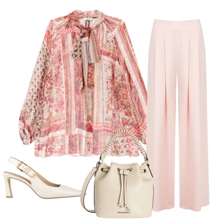 Outfit donna - Eleganza Bohémien. Stile Boho per Serata fuori. Abbinamento con décolleté, borse a secchiello, pantaloni a palazzo, camicie.