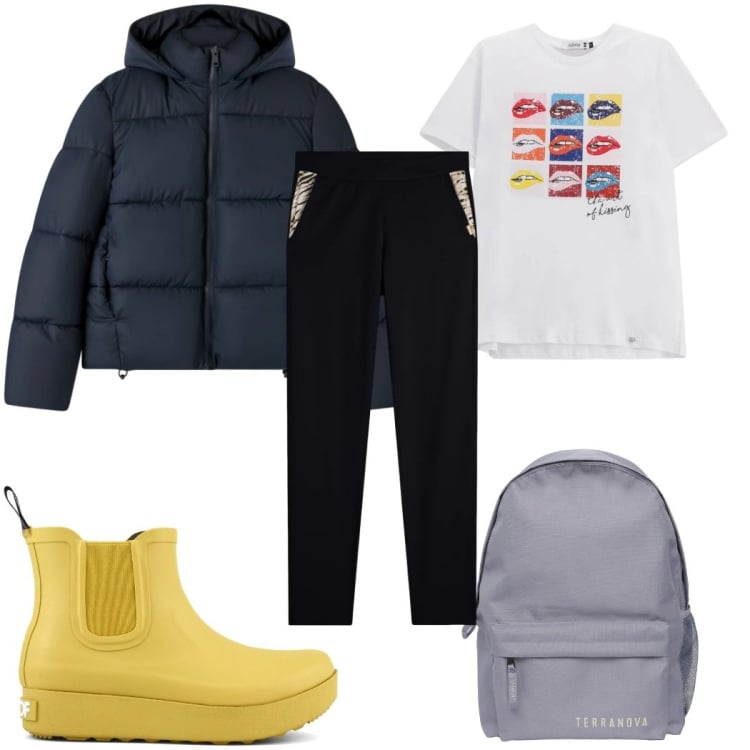 Outfit donna - Total look #2367041. Stile Basic per Tutti i giorni. Abbinamento con zaini, bomber, t-shirt, pantaloni, stivali.