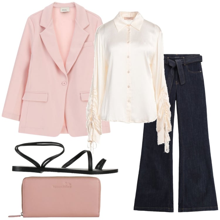 Outfit donna - Casual look. Stile Minimal per Tutti i giorni. Abbinamento con camicie, ciabatte, portafogli, jeans a zampa, blazer.